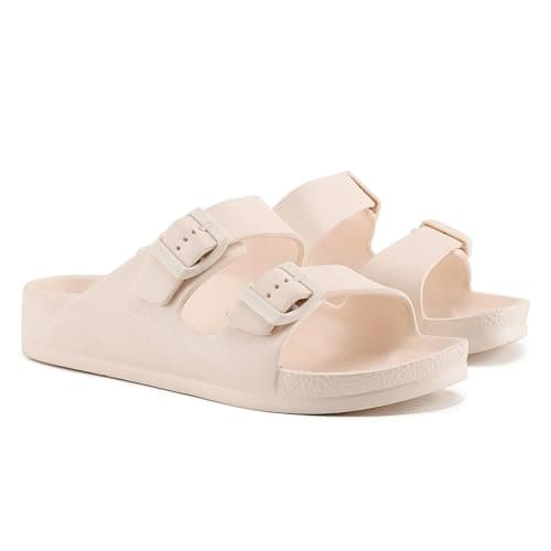 VIVASHOES Women’s Double Buckle EVA Sandals – Lightweight Waterproof Adjustable Slides with Arch Support for Summer, Beach, Pool & Daily Wear – True to Size Good for Wide Fit – Cream 6