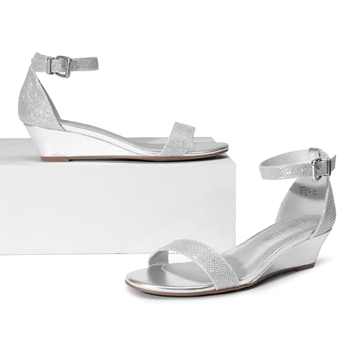 DREAM PAIRS Women's Ingrid Ankle Strap Low Wedge Sandals,Size 5.5,Silver/Plaid,Ingrid — view 6