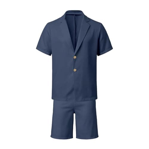 RUMAOZIA Men's Linen Summer Lightweight Suits Short Summer Shirt Set Figure-Shaping Travel Linen Suit Urban Breathable Expedition Oversize Short Sleeve Suit Beach Two Piece Leisure Suit, O Navy, M — view 5