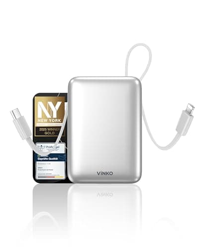 VINKO 20000mAh Fast Charging Power Bank, Small Power Bank with Built-in Cable, 22.5W USB C Portable Charger, Mini Battery Pack for iPhone 16 15 14 13 Samsung Galaxy Google Android (Sliver)