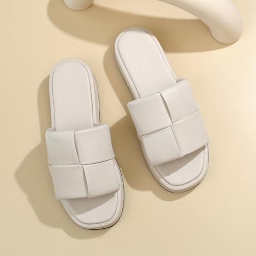 LUNATECH women's slide sandals open-toe mule sandals Woven vegan leather summer slide sandals slip-on Comfortable Indoor Outdoor Shoes (WAX, Adult, Women, 5, Numeric, UK Footwear Size System, Medium) — view 3