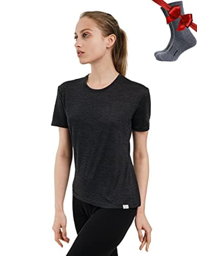 100% Merino Wool T Shirt Women - Merino Wool Base Layer Womens + Socks (Small, Charcoal)