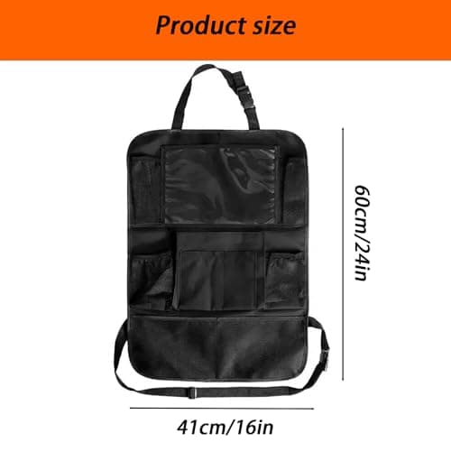 2-piece car storage bag set, including child seat back storage bag, rear seat protector, 10-inch tablet cover, and 9-pocket storage bag with kick guard for storing water bottles, toys, books, etc. — view 2