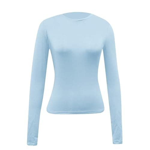 Long Sleeve Top Women Basic Crew Neck T Shirts Slim Fitted Casual Tunic Tee Stretchy Solid Soft Base Layer Undershirt UK Light Blue — view 3
