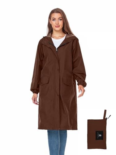 SaphiRose Women's Lightweight Packable Waterproof Long Rain Jacket, Brown, M