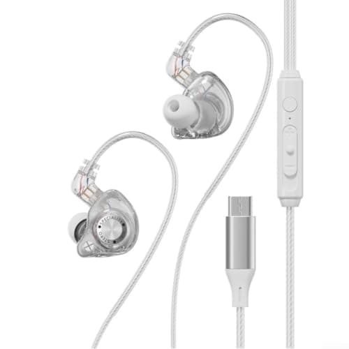 LatoYard Detachable for HiFi IEM USB C Earbuds with Volume Control - Noise Isolating Wired in Ear Headphones for Clear Calls Music - 1.2m Free Black Silver Cord(White)