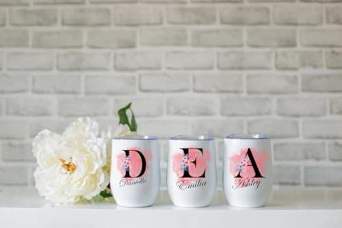 EKAM Personalised Floral Tumbler Stylish Initial with Name - 12oz Stainless Steel Travel Mug, for Wine, Whisky, Coffee, Vodka Tumbler with Lid, Custom Gift for Christmas Day, Birthday, Any Occasion — view 6