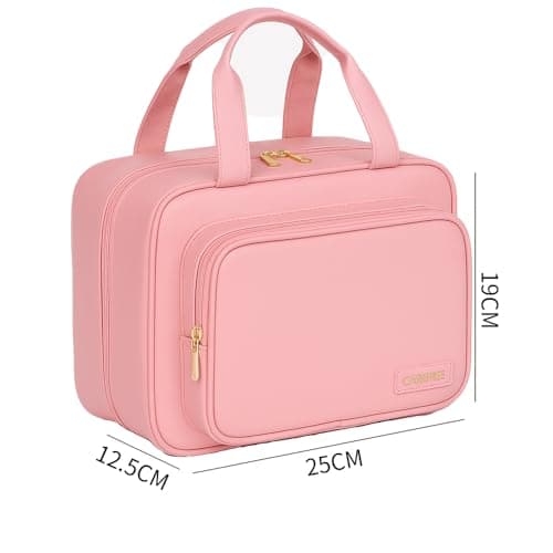 Yuexitech Travel Hanging Toiletry Bag, Large Waterproof Wash Bag with Multiple Compartments, Hanging PU Leather Makeup Bags for Women, Cosmetic Travel Wash Bags, Rose Pink — view 2
