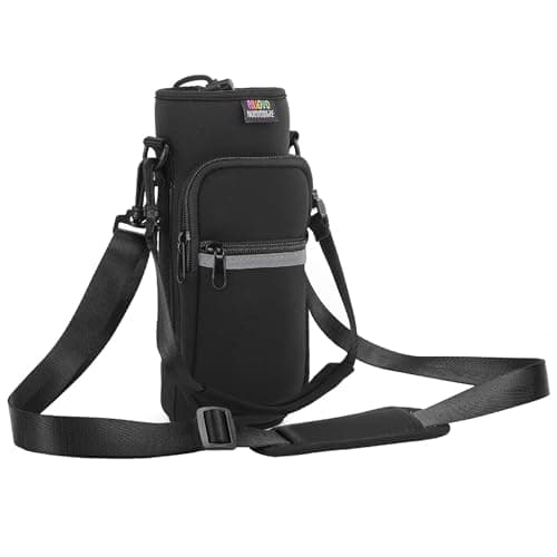 Nuovoware Water Bottle Carrier Bag, 750ml Bottle Pouch Holder, Adjustable Shoulder Hand Strap 2 Pocket Sling Neoprene Sleeve Sports Accessories for Hiking Travelling - Black