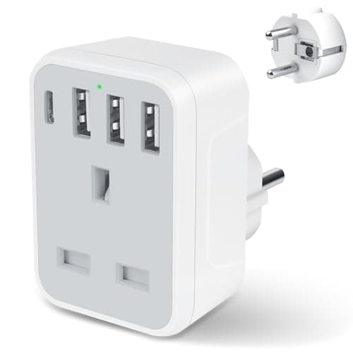 Herfair UK to European Plug Adapter,UK to EU Adaptor with 3 USB A & 1 USB C Ports,5 in 1 EU Grounded Europe Power Euro Plug for Spain France Iceland Germany Greece Poland(Type E/F) Gray