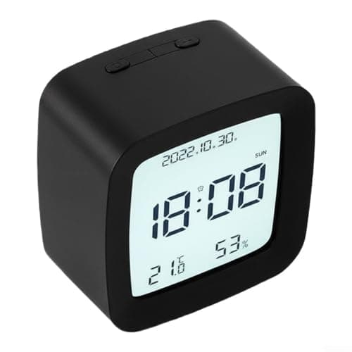PureBowlic LCD Digital Alarm Clock with Temperature and Humidity Monitor Compact Size Tap or Voice Controlled Backlight 12 or 24 Hour Format Portable ABS for Kids Rooms and Student Desks(black)
