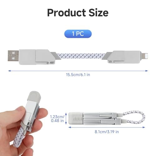 AHRLIC 4-in-1 USB Charging Cable Keychain – Zinc Alloy, Multi-Adapter Charger Cord for USB, Type-C, Micro USB, iOS Port Devices – 60W Fast Charging, Magnetic Stretchable Travel Cable (Light Gray) — view 2