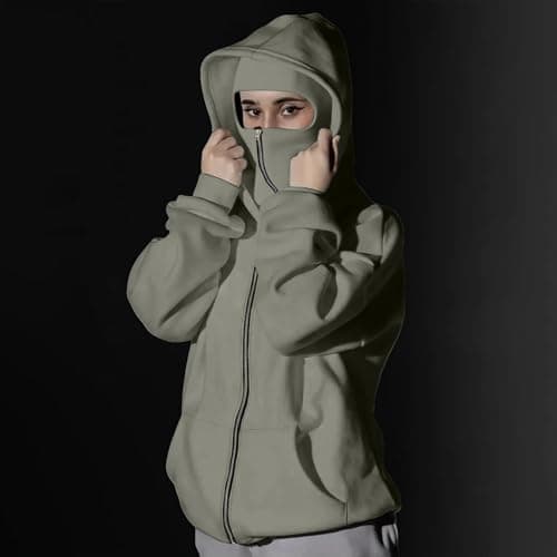 Balaclava Hoodie with Mask Built In Balaclava Full Zipper Double Hooded Coat Oversized Wind Resistant Warm Travel Hoodie with Face Mask Built In Winter Windproof Streetwear Workout Sweatshirt — view 3