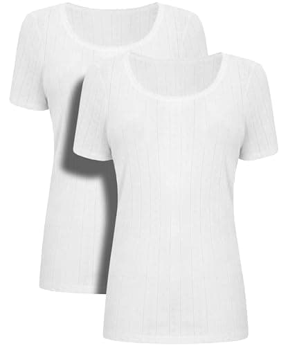 Ploutos World Wide 2 Pack Women’s Thermal Short Sleeve Tops – T-Shirts for Winter Soft Cotton Blend Base Layer Warm Undershirts, Skiing & Outdoor Cold Weather Wear Everyday (White, 18-20)