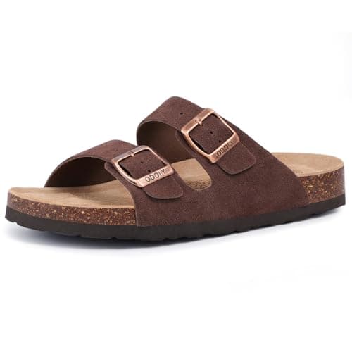 ODOLY Unisex Cork Footbed Slide Sandal, Arch Support Summer Outdoor Sandals with Adjustable Buckle for Women and Men, Brown Suede, 6.5-7 Women/5-5.5 Men
