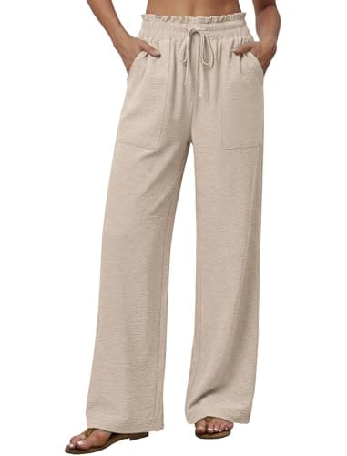 WIHOLL Wide Leg Palazzo Trousers Casual Summer Women's Clothing Elastic Drawstring Waist Soft Light Pants with Pockets for Beach Travel Daily Wearing Size 10-12 Beige M — view 2