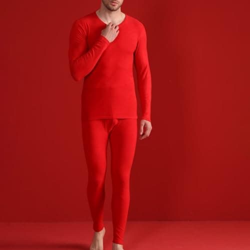 Men's Winter Thermal Underwear Set with Silk and Wool Blend, Double Layer Insulation for Extreme Cold Weather, Long Sleeve Top and Pants, Moisture Wicking Base Layer (Red, XL) — view 2