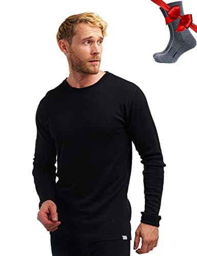 100% Merino Wool Base Layer Men - Long Sleeve Thermal Shirt + Hiking Socks (Large, Black 250)