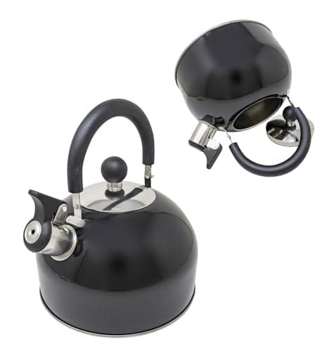 2.5 Litre Stainless Steel Camping Whistling Kettle for Fishing, Hiking, Holiday - Portable Travel Teapot Kettle for Gas Stove Hob, Electric Stove, Camp Fire | Lightweight, Phenolic Handle - 2.5L Black