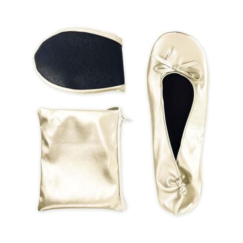 Ballet Shoes for Girls, Women Foldable Bow Ballerina Flats, Gold Metallic-Look Upper with Front Bow, Round Toe, Slip on Opening, Comfortable Soft Sole Footwear for Travel, Events and (Rose Gold, S) — view 4
