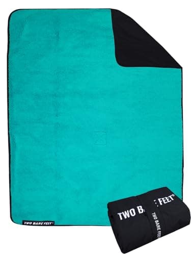 Two Bare Feet Sherpa Lined Waterproof Beach Travel Blanket – Warm, Cozy, Windproof Outdoor Blanket for Camping, Picnics, Hiking & Beach Days – Portable & Lightweight (Black/Teal, 145cm x 145cm)