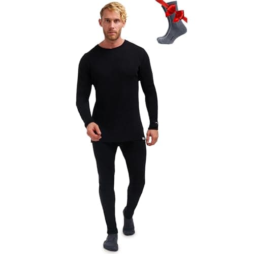 100% Merino Wool Base Layer Men Set - Thermal Underwear Mens + Hiking Socks (Large, 250 Black)