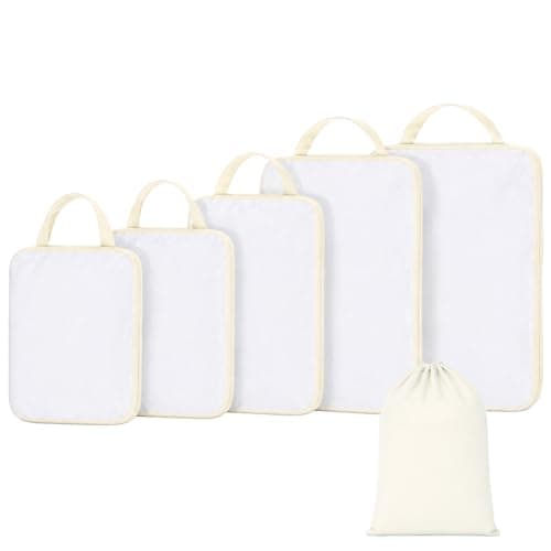 Travel Compression Packing Cubes – 6 Set Recycled Ripstop Nylon Suitcase Organiser, Space Saving Expandable Luggage Cubes with Shoes Bag, Zippers, Tear Resistant (off-white, 6)