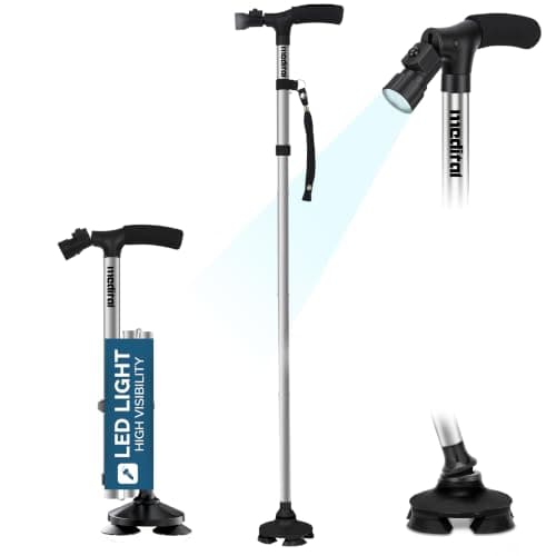 MEDITAL Walking Stick with LED Light - Self-Standing Folding Walking Cane.