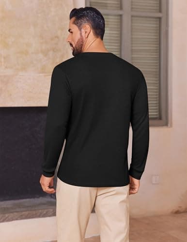 Ekouaer Mens Long Sleeve Shirt Waffle Knit Henley Tops Black L — view 3