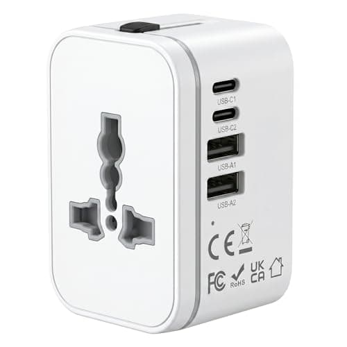 Universal Travel Adapter, International Travel Plug Adapter with 2 USB-C and 2 USB Ports, All in One Plug Adaptor with Dual Safety Fuses, Universal Charger Power Adapter for European EU US UK AUS