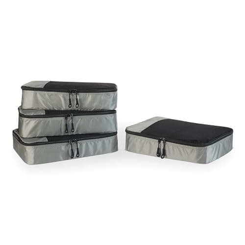 Amazon Essentials 4-Piece Packing Cubes Travel Accessories Set, Luggage Organiser with Double Zip, Mesh Top, 100% Polyester, Medium, Grey (Previously Amazon Basics)