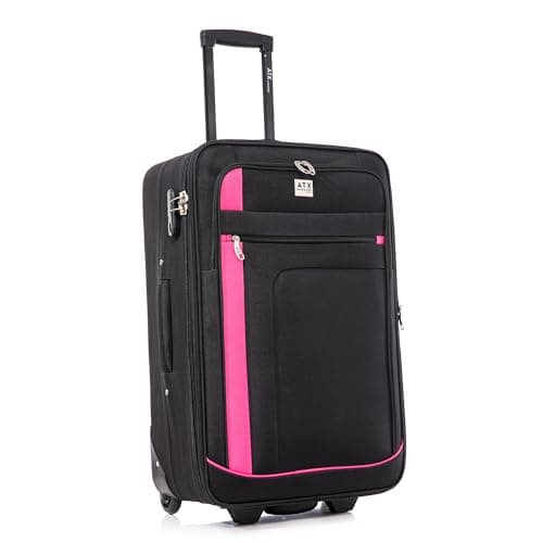 ATX Luggage Medium Suitcase Expandable Soft Shell Durable Lightweight Hold Check in Trolley Case with 2 Wheels & Built-in 3 Digit Combination Lock (Black/Pink, 79 Liter)