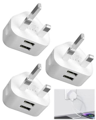 Pack of 3 Dual Port USB Plug UK Charger Compact Dual Port Mains Adapter 5V/2.1A Multi USB Fast Wall Charging with Smart IC Technology for iPhone 15 14 13 12 11 XS XR X 8 7 6, iPad, Samsung, Huawei etc