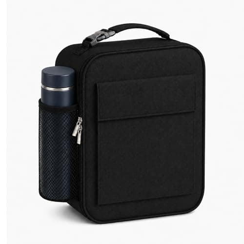 Lunch Bag for Men Women, Reusable Large Capacity Insulated Lunch Bag with Handle, Front Pocket and Side Mesh Holder, Portable Cool Bag for Work School Travel Picnic, Black