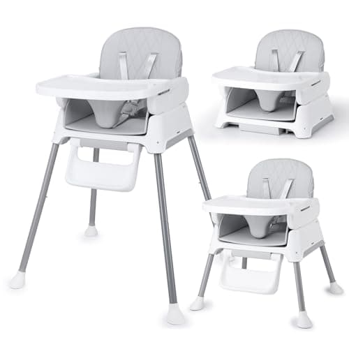 Bellababy 3 in 1 Baby High Chair, Convertible Highchair to Booster Seat & Toddler Play Chair, Foldable Feeding Chair with 5 Point Harness, Removable Washable Tray & Waterproof PU Mat for 6–36 Months