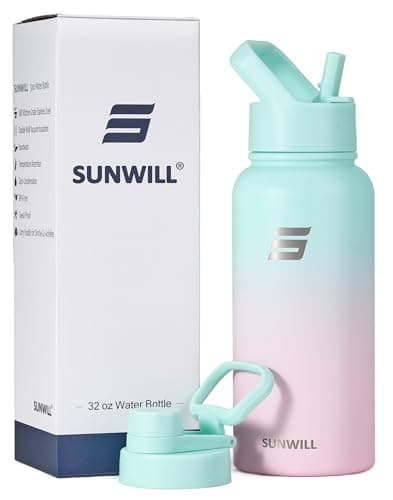 SUNWILL Metal Water Bottle 1l Stainless Steel, Insulated Leakproof Thermal Flask with Straw and 2 Lids for Cold and Hot Drink, Running, Sports, Gym, Travel, Gradiant Mint Sakura — view 6