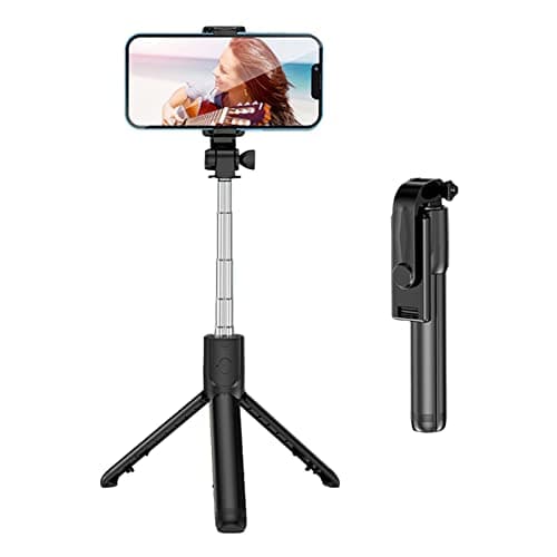 Alomejor Portable Folding Selfie Stick Tripod for Travel Live Video Stainless Steel with Remote Control 27.6in (Black)