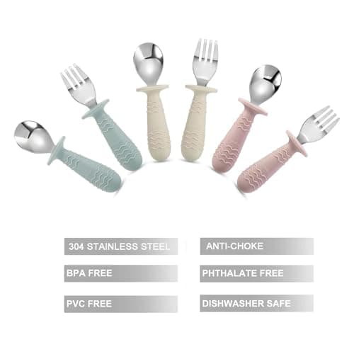 PandaEar 6 Pieces Baby Toddler Silicone Stainless Steel Utensils Silverware Spoon Fork for Baby Toddler BPA Free with Silicone Holding Anti-Choke Design (Blue Pink White) — view 4