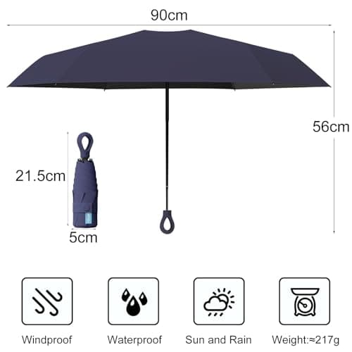 HCQC Mini Sun Umbrella with Ring Handle – UPF 50+ UV Protection 99.9%, Compact Travel Umbrella for Purse & Backpack, Lightweight Small Portable, Rain & Sun for Women Men Kids (Navy Blue) — view 2