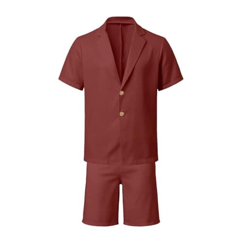 Men's Linen Summer Lightweight Suits Short Summer Shirt Set Figure-Shaping Travel Linen Suit Urban Expedition Oversize Short Sleeve Suit Beach Two Piece Leisure Suit, O Brick Red, M — view 5