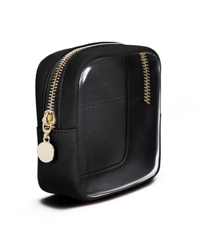 Clear Makeup Bag for Handbag, Mini Make Up Bag for Purse, Small Makeup Pouch for Women, Small Cosmetic Bag with Slip-in Pockets Eco Vegan Leather, Black (Patent Pending)