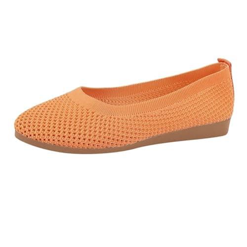 Women's Ballet Flats Wide Fit Slip On Shoes Breathable Knit Mesh Flat Shoes Lightweight Comfortable Pumps for Office Walking Travel Casual Wear Orange size 3