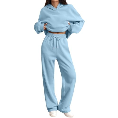 Tracksuit Womens Full Set Oversized 2 Piece Outfits Long Sleeve Hoodie and Sweatpants Women Lounge Wear Sets Fashion Sweatsuits Wide Leg Jogger Loose Loungewear Gym Fitness Activewear Set Sky Blue L