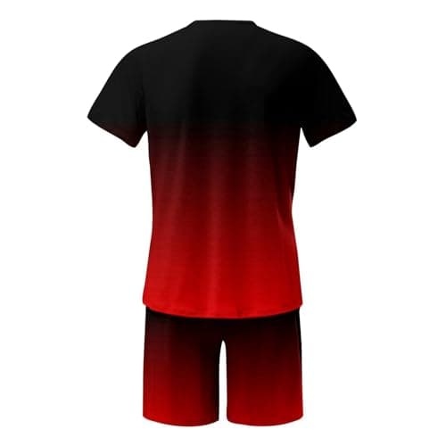 Men Sport Outfit, Athletic Casual Activewear, Olive Grey Tee and Shorts Set, Lightweight Summer Gym Travel Styling, Weekend Errands, Summer Exercise Wear, Simple Pull on Shape (Red, L) — view 2