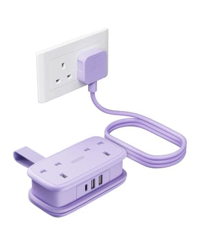 NTONPOWER Travel Extension lead with USB Slots,Rollable 1.2M Extension Cord with 2 Way Outlets 3 USB（1 Type C), Purple Extension Lead for Cruise Travel Essentials Hotel Home Office