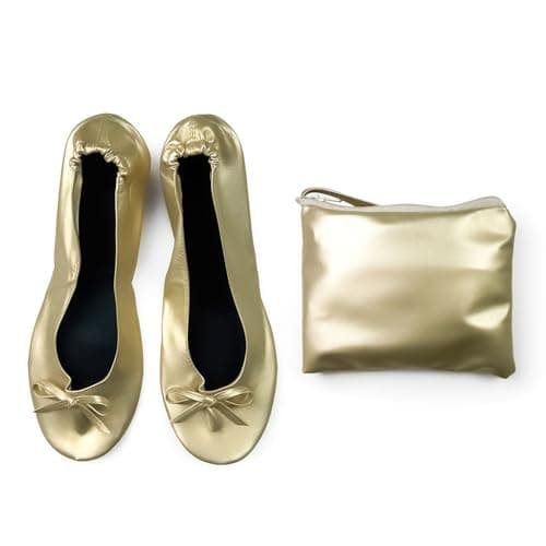 Ballet Shoes for Girls, Women Foldable Bow Ballerina Flats, Gold Metallic-Look Upper with Front Bow, Round Toe, Slip on Opening, Comfortable Soft Sole Footwear for Travel, Events and (Rose Gold, S) — view 3