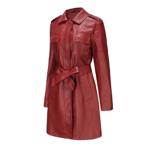 QLXYYFC Comfortable Soft Warm Women's Leather Jacket Classic Long Windbreaker Autumn Winter Coat with Loose Belt Zipper Cuffs (Color : Red, Size : L) — view 5