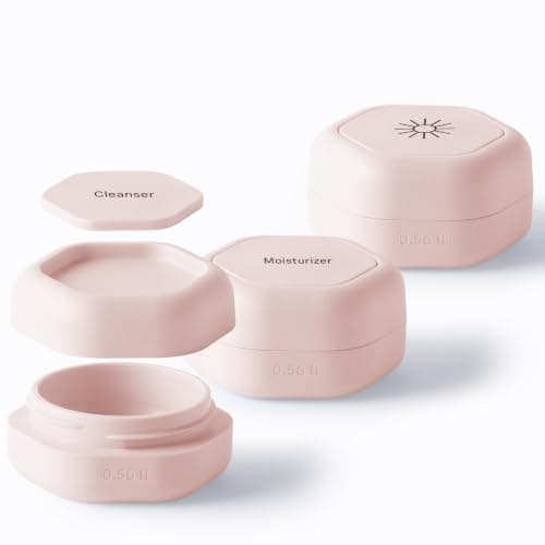 Cadence Travel Containers - Skincare Set - Magnetic Travel Capsules - for Facial Cleanser, Moisturizer, Sunscreen - 3 Small Capsules (0.56oz) with Cleanser, Moisturizer & Sun-Icon Labels - Petal