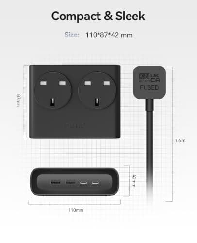 ORICO Flat Extension Lead with USB Slots, 2 Way Socket Outlets with 4 USB Ports(2 USB C & 2 USB A), 1.6m Extension Cord, Desk Power Strip for Travel, Office, Home (Black) — view 6