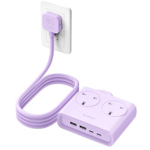 ORICO Flat Extension Lead with USB Slots, 2 Way Socket Outlets with 4 USB Ports(2 USB C & 2 USB A), 1.6m Extension Cord, Desk Power Strip for Travel, Office, Home (Purple)